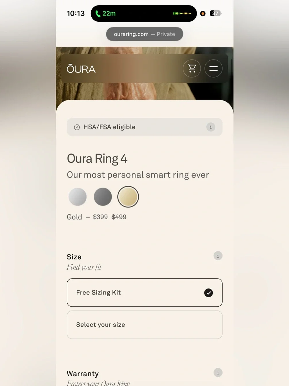 Oura Ring 4 with charger and box. Yellow gold, retail $499, size 8